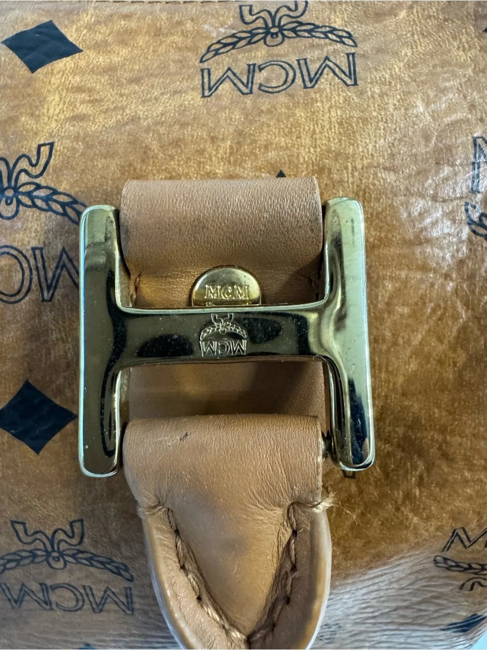 MCM Cognac Visetos Barrel Satchel with Gold Hardware
